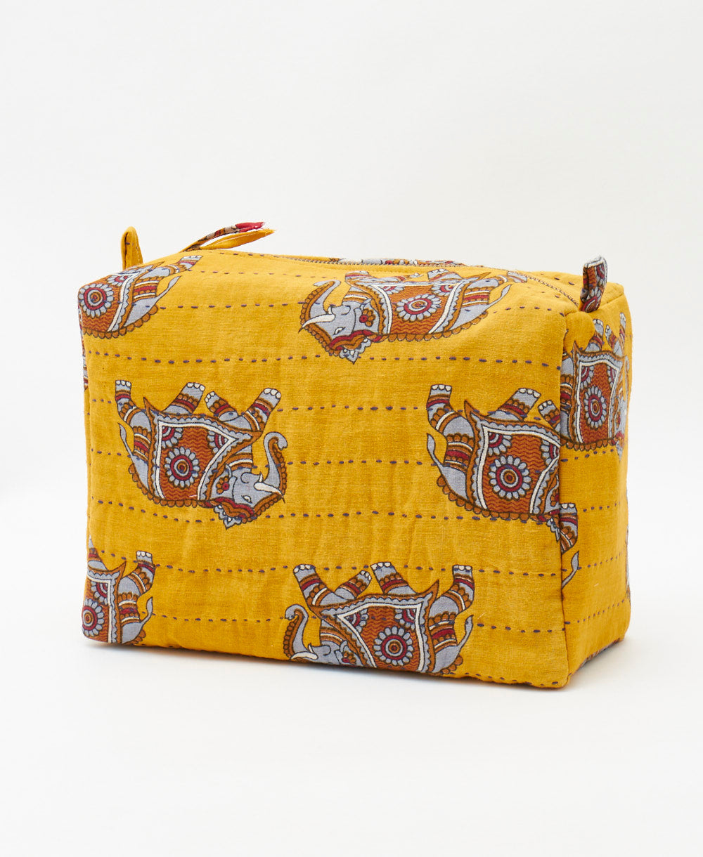 mustard yellow eco-friendly large cosmetic bag featuring traditional kantha hand stitching 