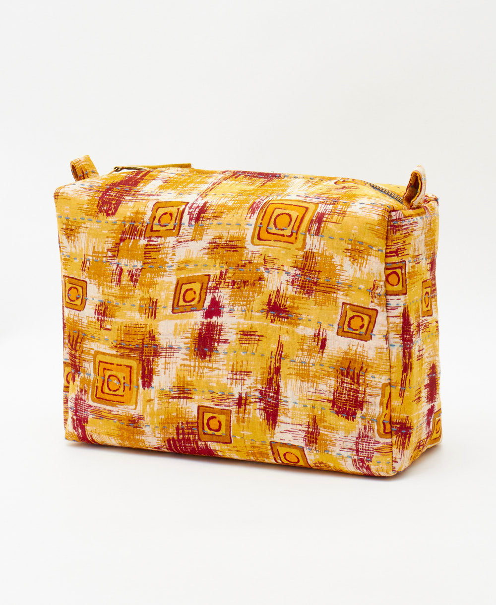 eco-friendly abstract large cosmetic bag crafted using repurposed vintage cotton saris 