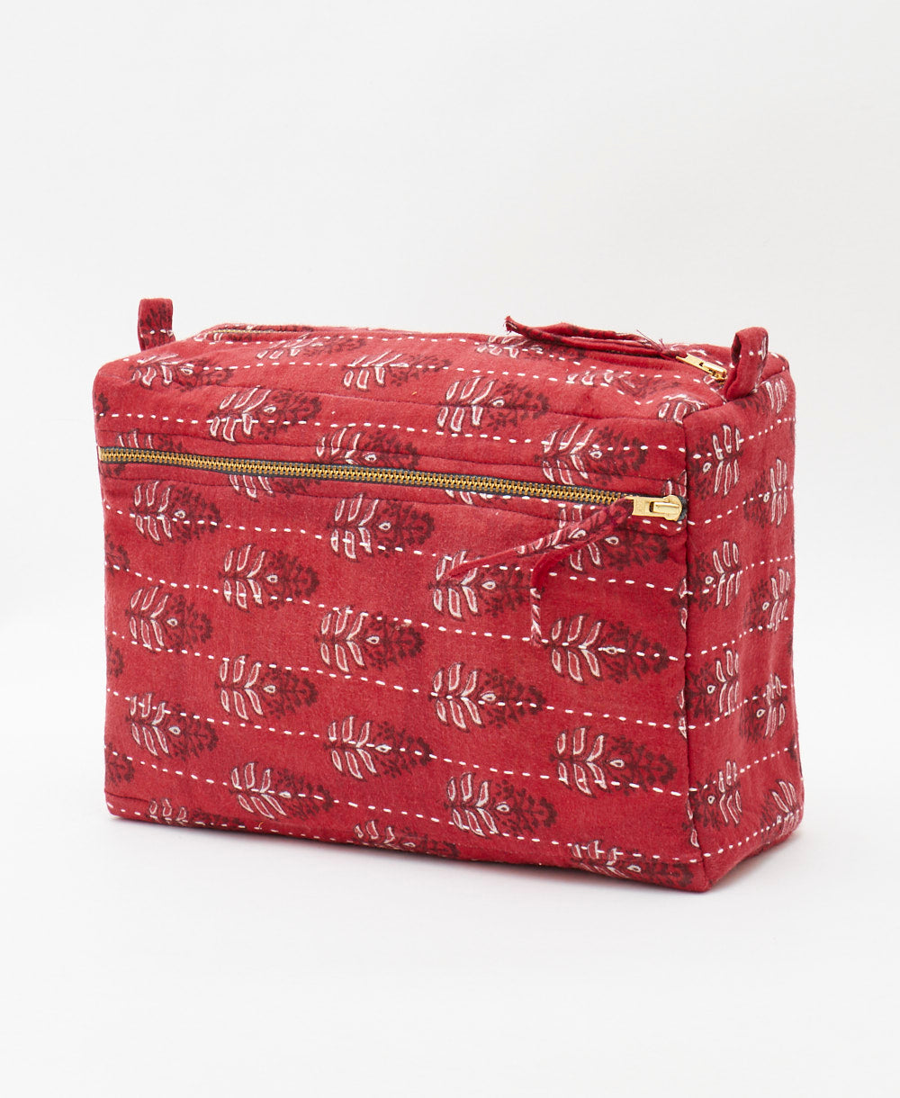 eco-friendly large toiletry bag hand made by aristans using red vintage cotton saris 