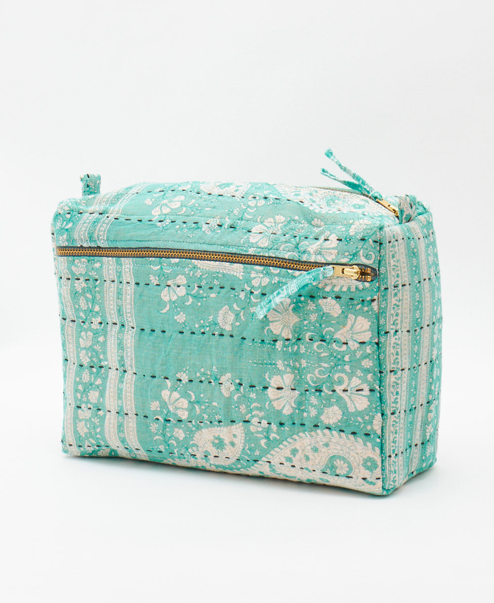 teal one-of-a-kind large toiletry bag featuribng a white paisley print and black traditional kantha hand stitching 