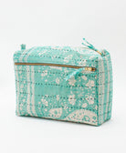 teal one-of-a-kind large toiletry bag featuribng a white paisley print and black traditional kantha hand stitching 