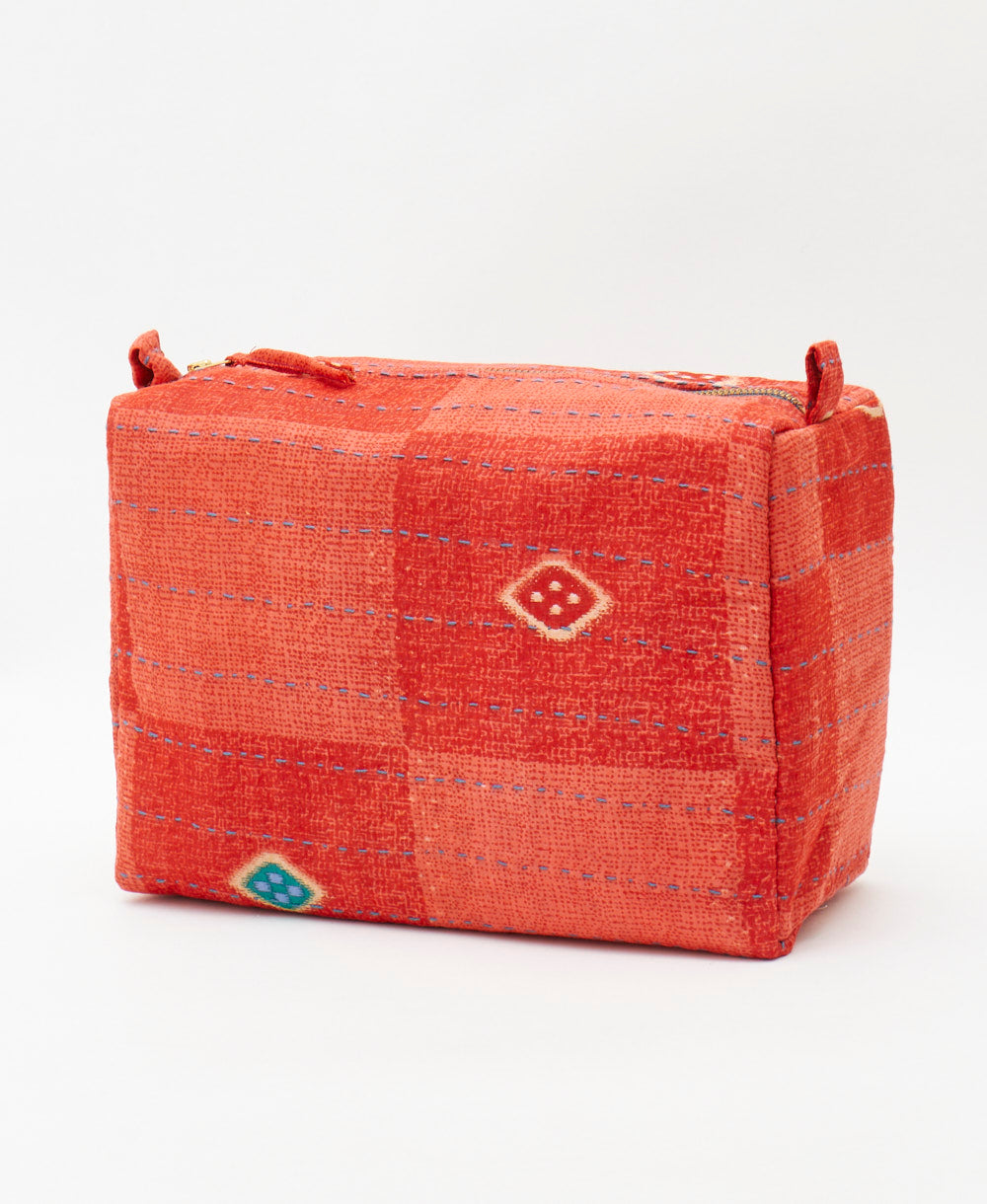 red square print eco-friendly large cosmetic bag made using vintage cotton saris 