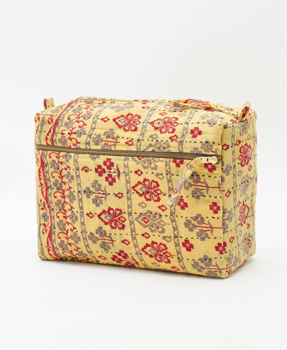 one-of-a-kind butter yellow floral large toiletry bag made by artisans 