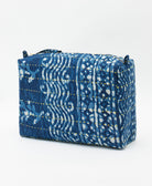 large cosmetic bag in a one of a kind blue wavy print featuring traditional kantha hand stitching 