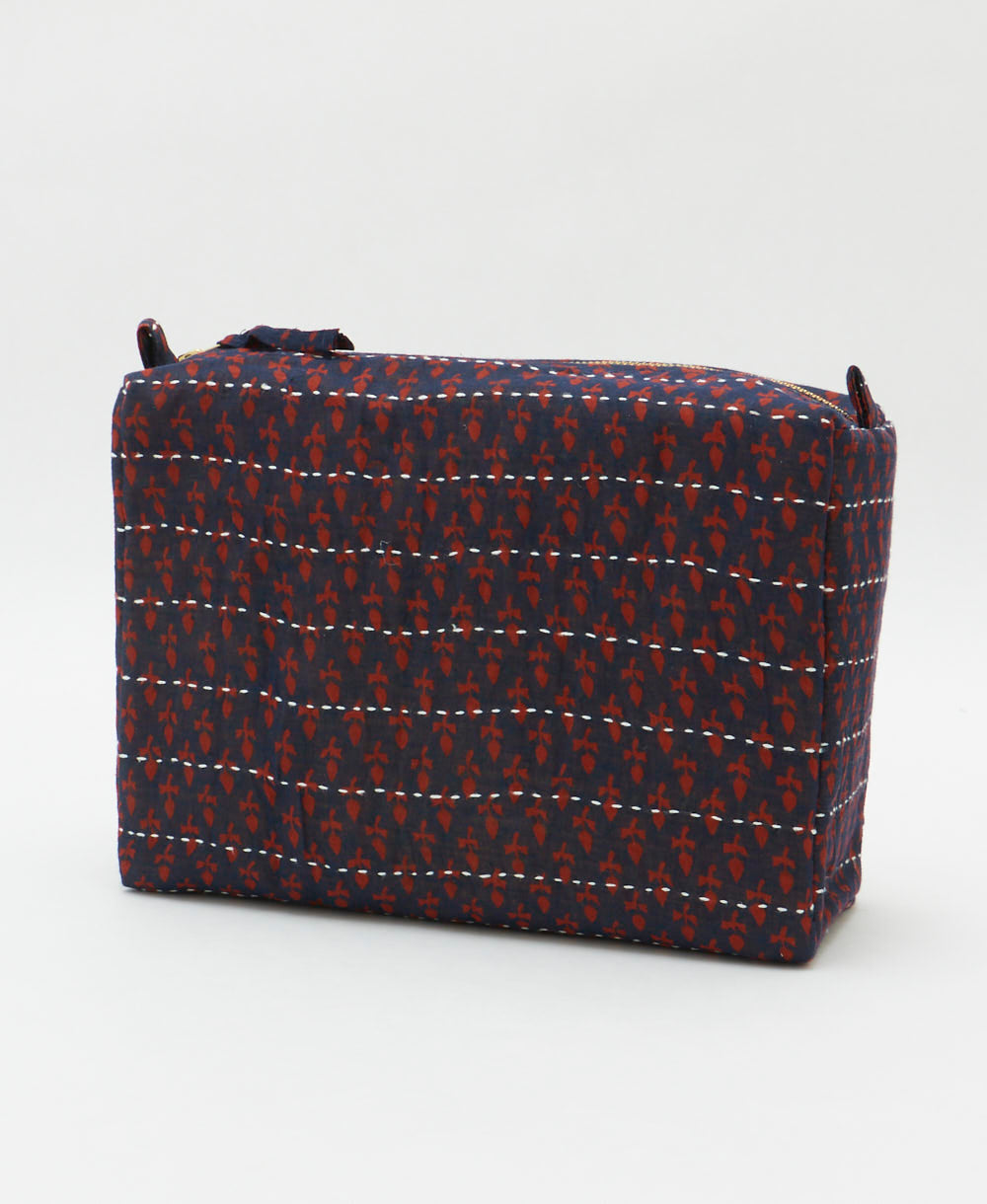 eco-friendly large cosmetic bag in navy blue & tiny red floral print made in India by women artisans 