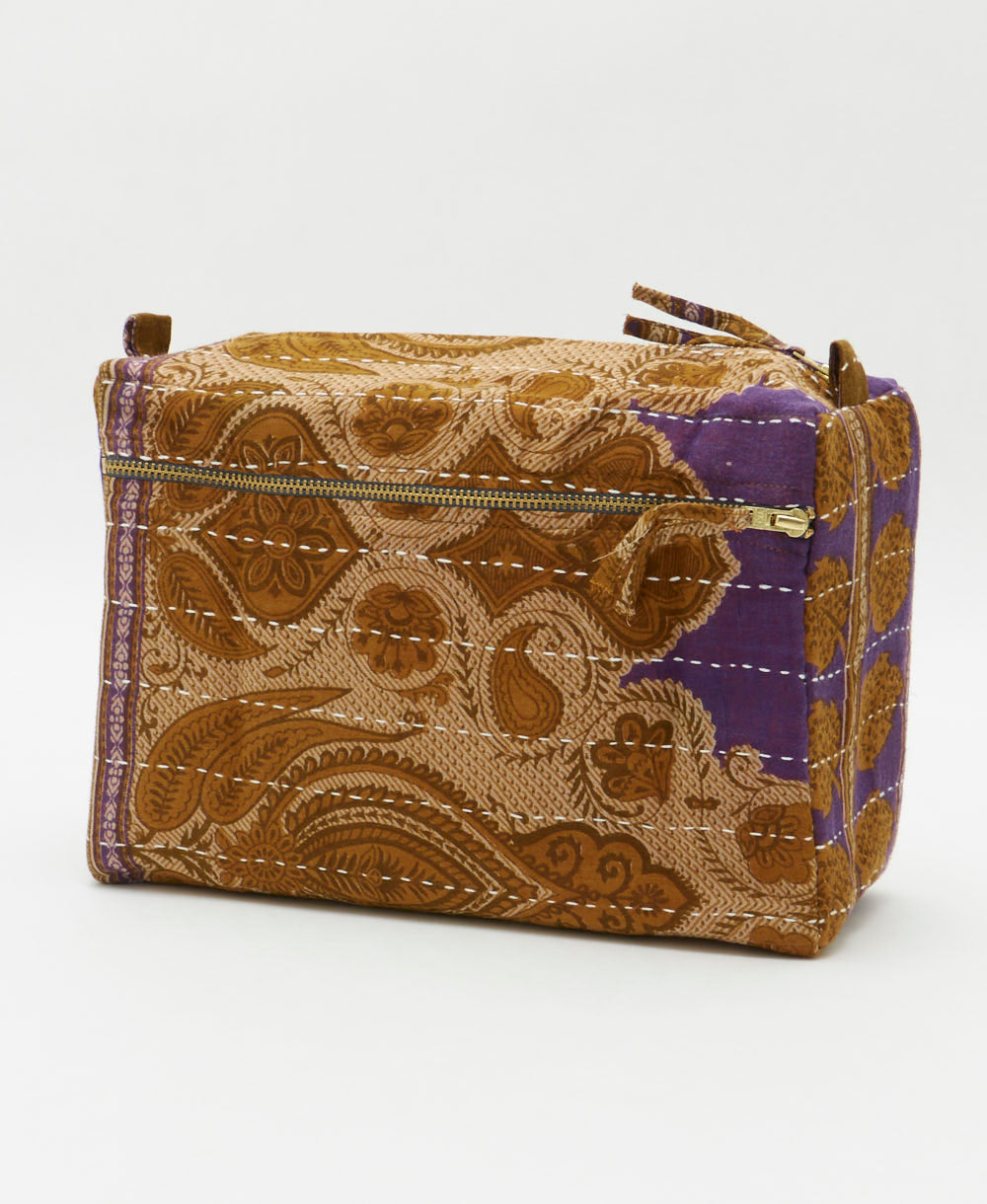 large toiletry bag made from upcycled vintage cotton saris in royal purple, camel & light tan paisley print