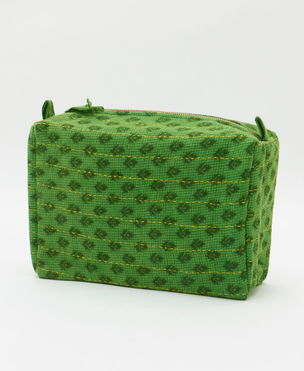 eco-friendly large cosmetic bag in bright emerald green tiny floral print made in India by women artisans 