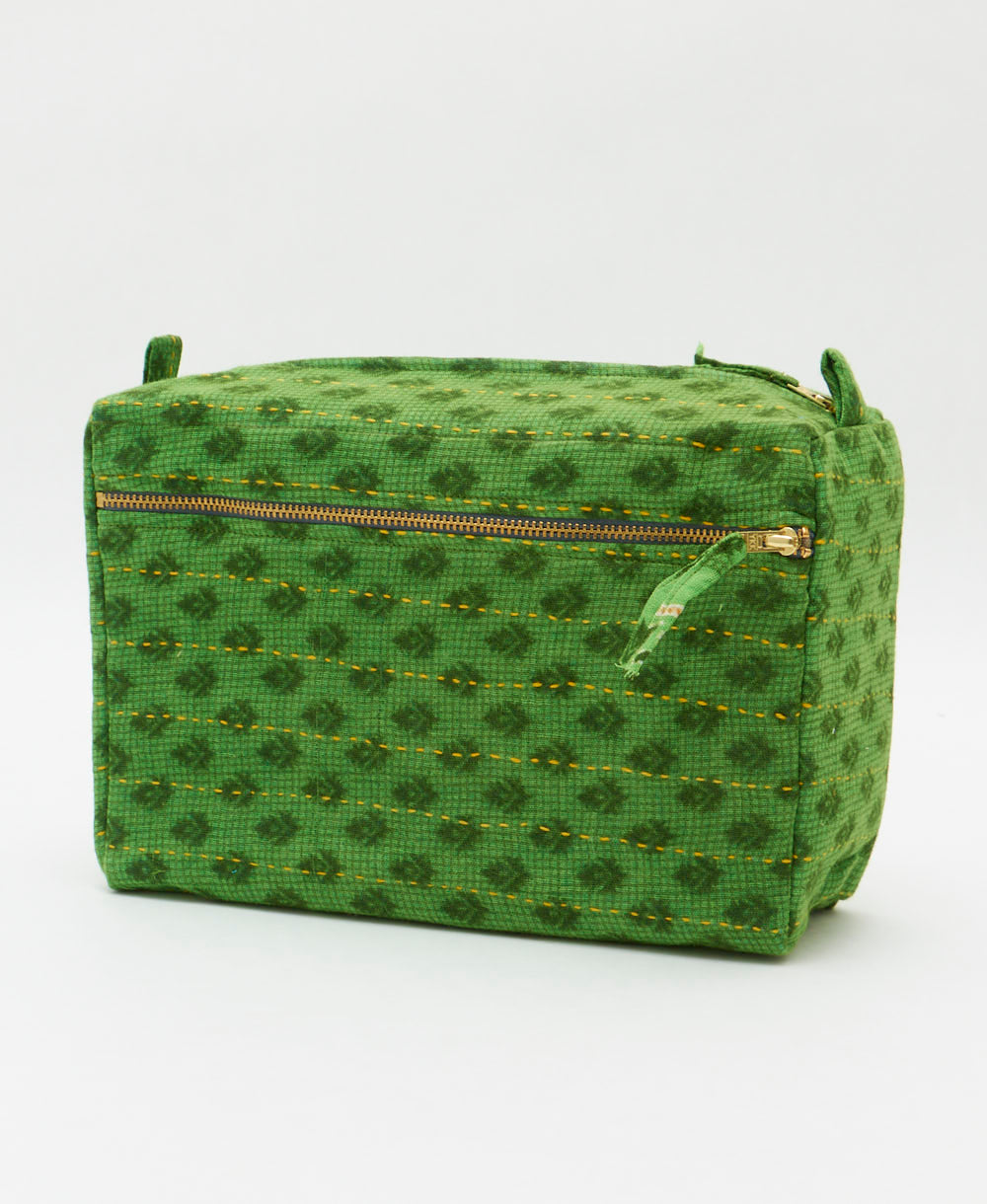 large toiletry bag made from upcycled vintage cotton saris in bright emerald green tiny floral print