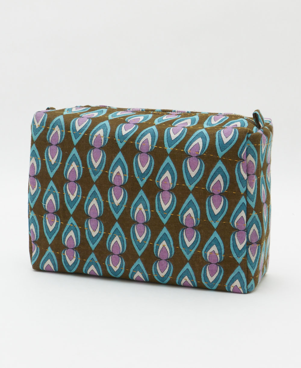 eco-friendly large cosmetic bag in brown, teal & purple teardrop print made in India by women artisans 