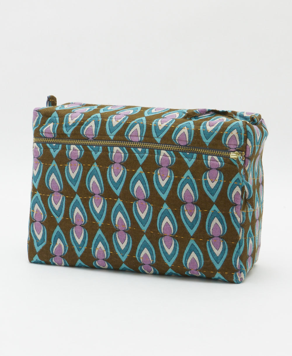 large toiletry bag made from upcycled vintage cotton saris in brown, teal & purple teardrop print