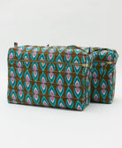 sustainable toiletry travel bag in one-of-a-kind vintage cotton in a brown, teal & purple teardrop print