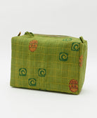 eco-friendly large cosmetic bag in olive green swirl & stripe print made in India by women artisans 