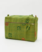 large toiletry bag made from upcycled vintage cotton saris in olive green swirl & stripe print