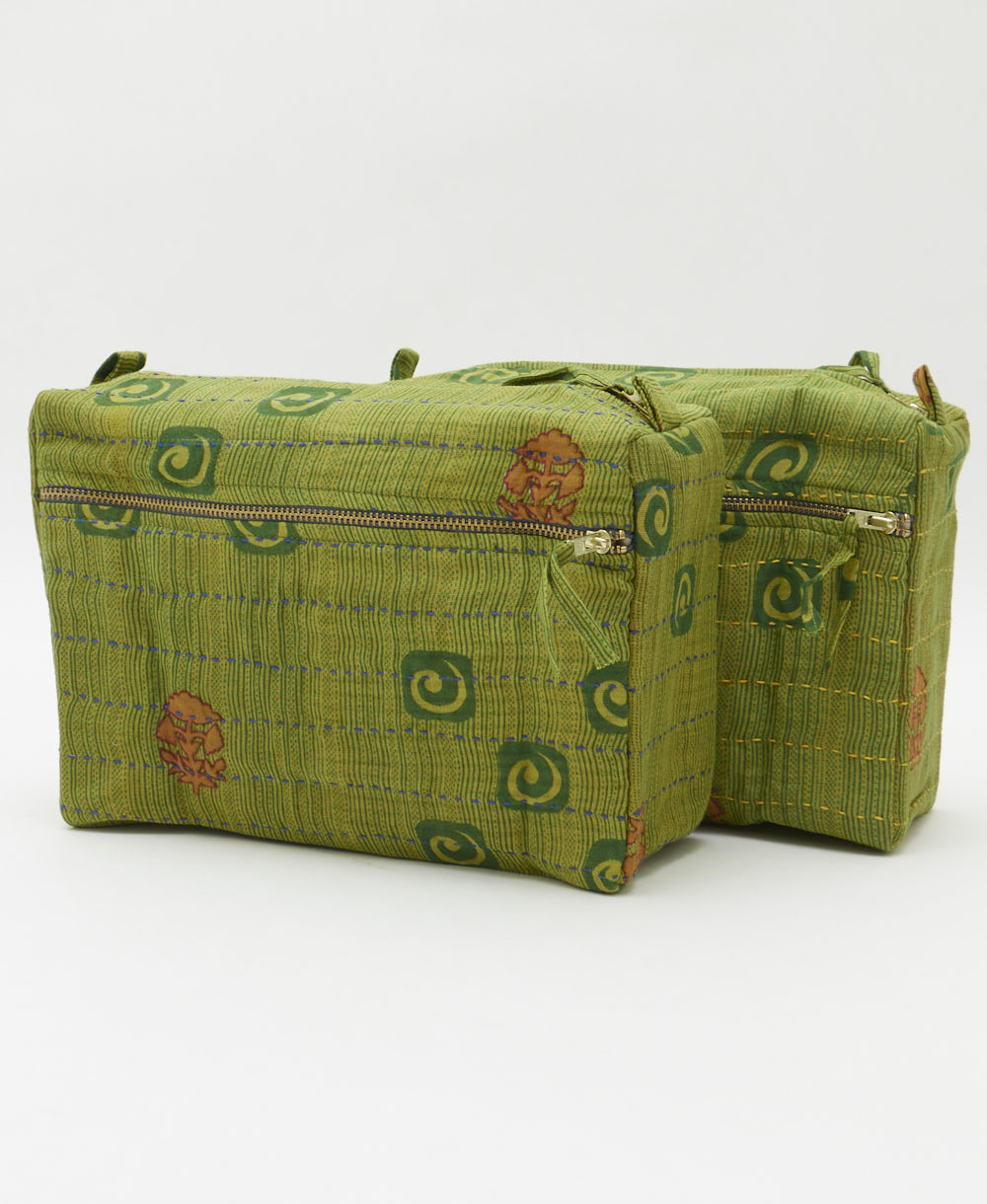 sustainable toiletry travel bag in one-of-a-kind vintage cotton in an olive green swirl & stripe print