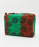 eco-friendly large cosmetic bag in rust red and green daisy print made in India by women artisans 