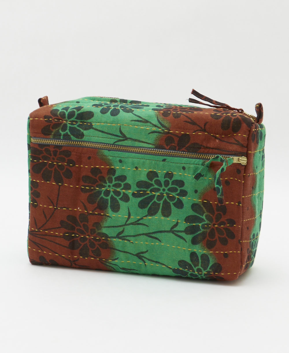 large toiletry bag made from upcycled vintage cotton saris in rust red and green daisy print