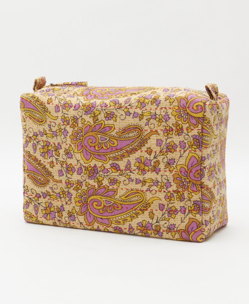 large cosmetic bag in unique print handmade using repurposed vintage cotton fabrics