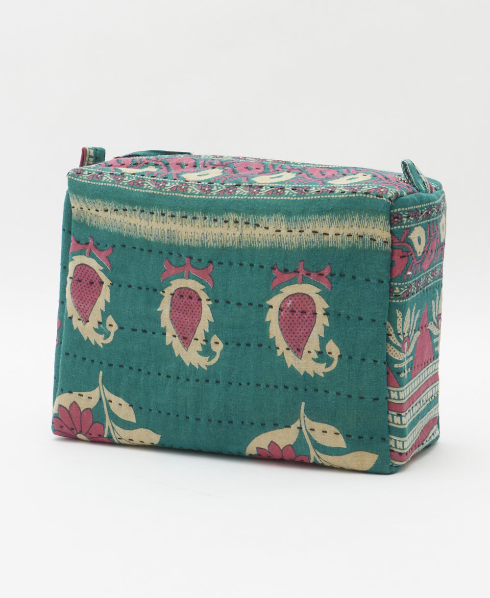 large cosmetic bag in unique print handmade using repurposed vintage cotton fabrics