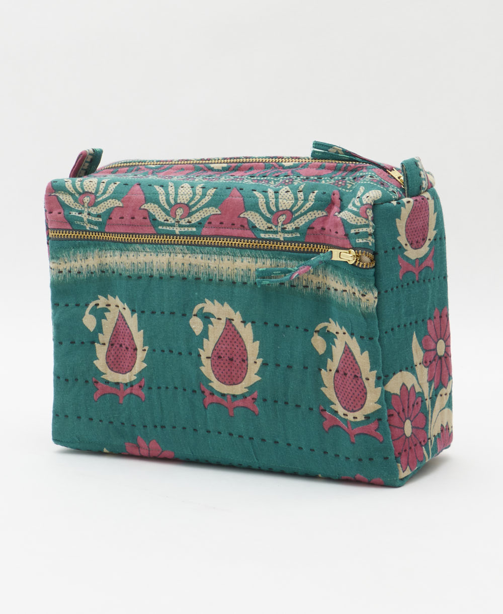 large toiletry bag made from eco-friendly upcyled vintage fabrics by women in India