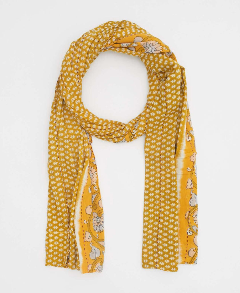 Yellow eco-friendly cotton long scarf created using upcycled vintage saris