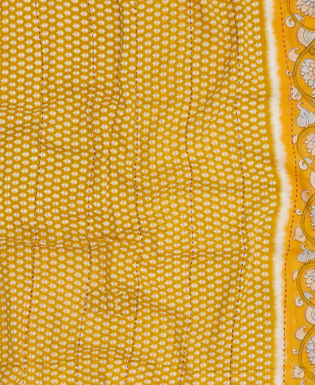 Artisan made yellow oversized scarf with a small white print and burgundy traditional kantha stitching