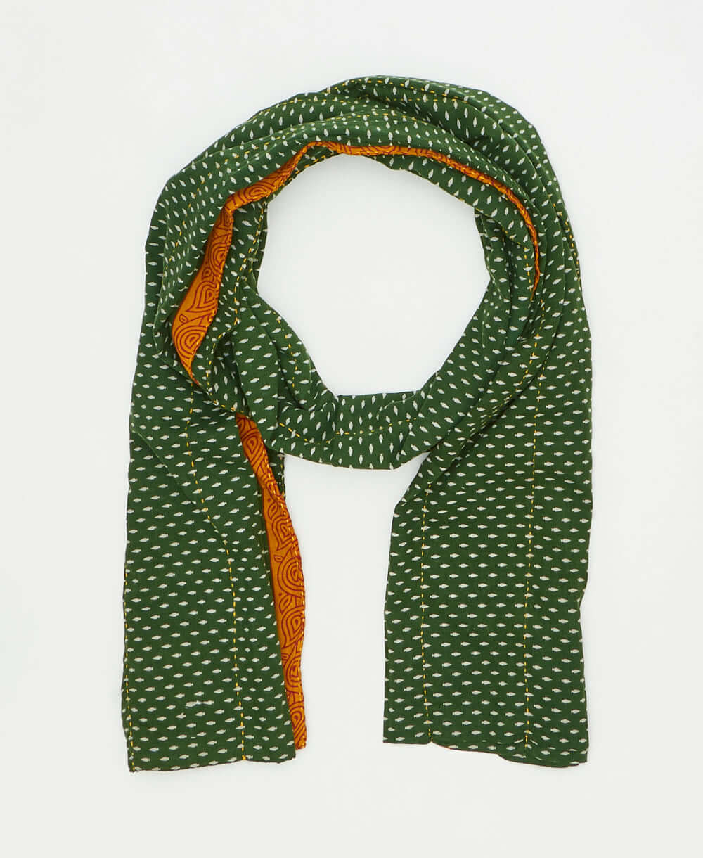 one-of-a-kind green and white dot print vintage kantha long scarf perfect for all seasons