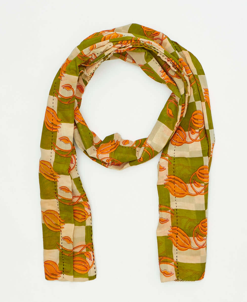 one-of-a-kind cream and green check print vintage kantha long scarf perfect for all seasons