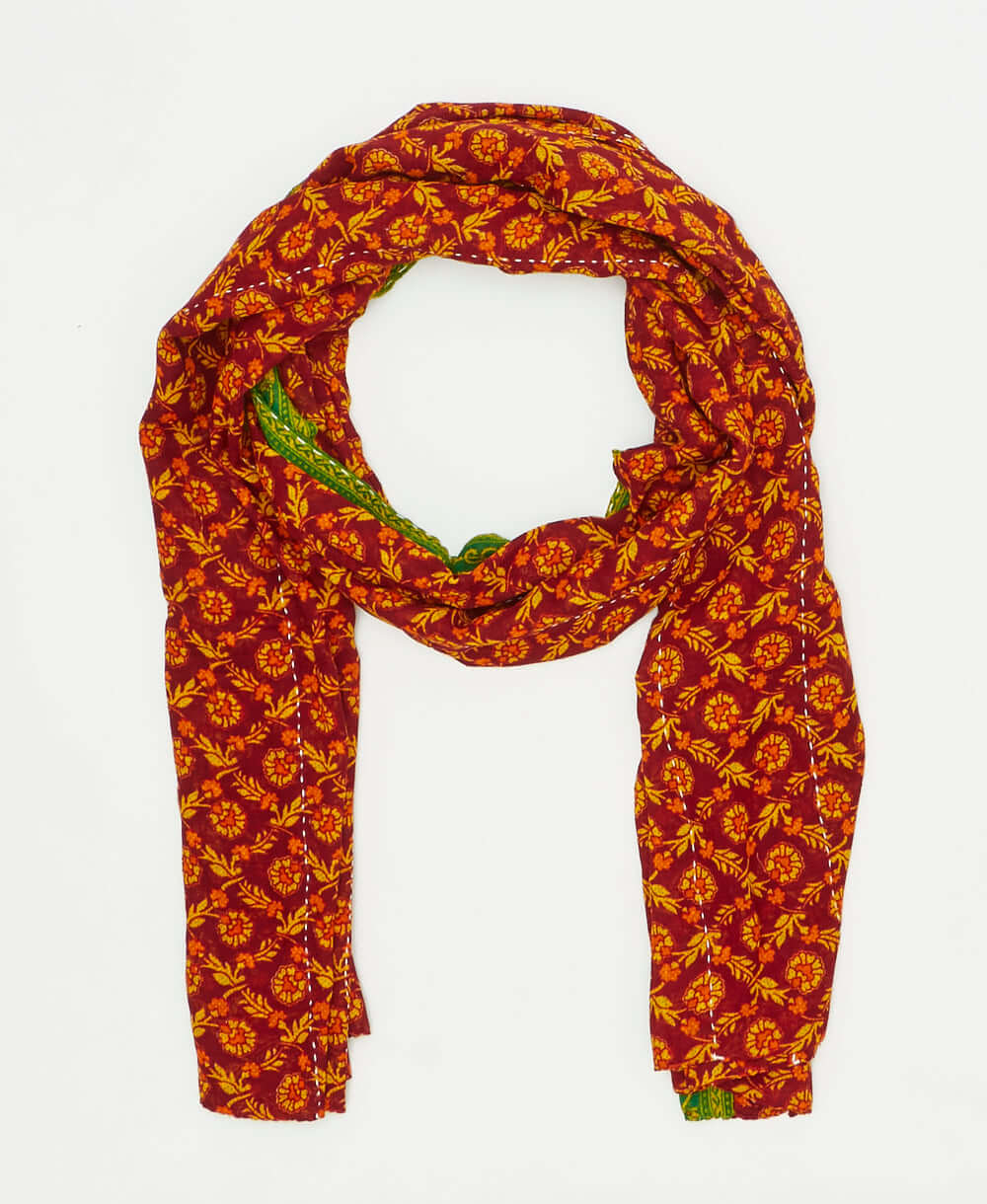 one-of-a-kind red and orange floral print vintage kantha long scarf perfect for all seasons