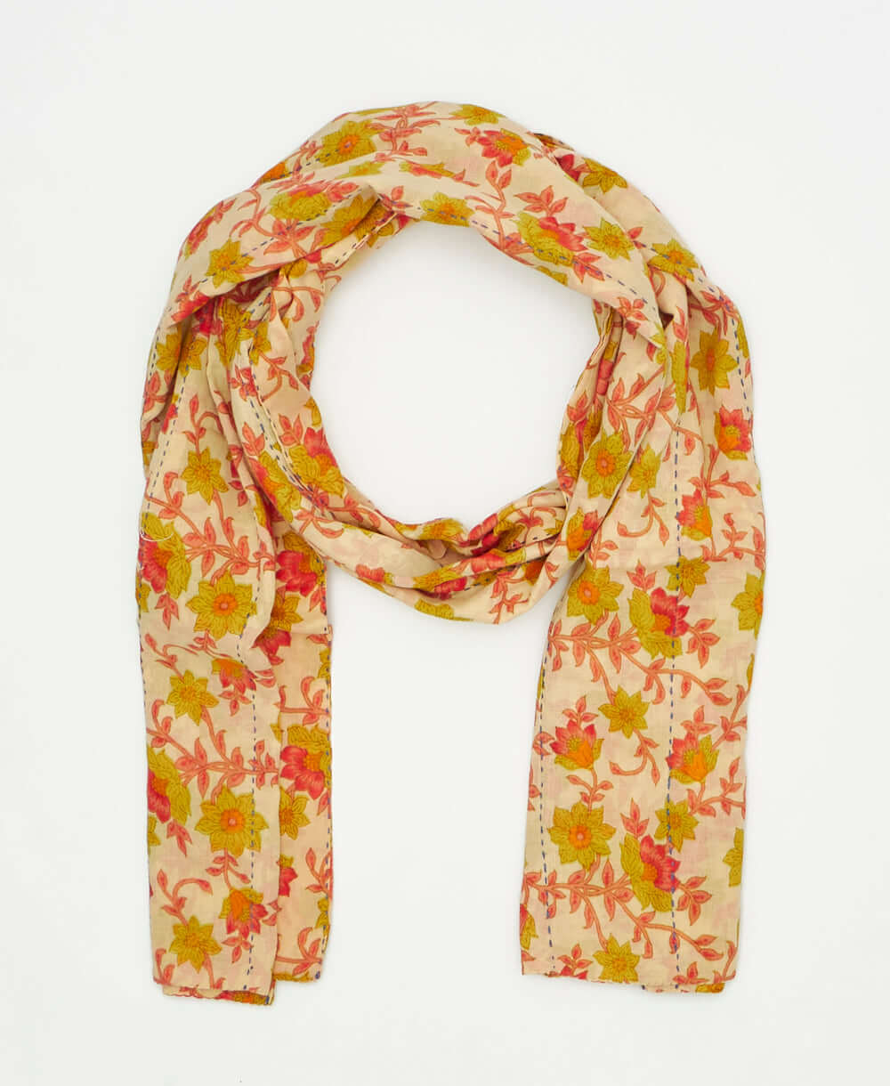 one-of-a-kind coral and green floral print vintage long kantha scarf perfect for all seasons