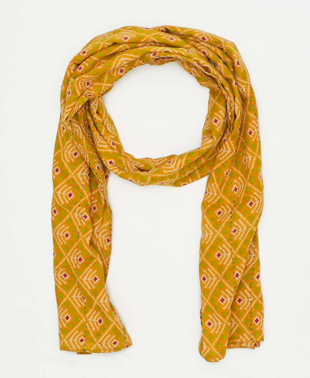 one-of-a-kind orange and green abstract print vintage kantha long scarf perfect for all seasons