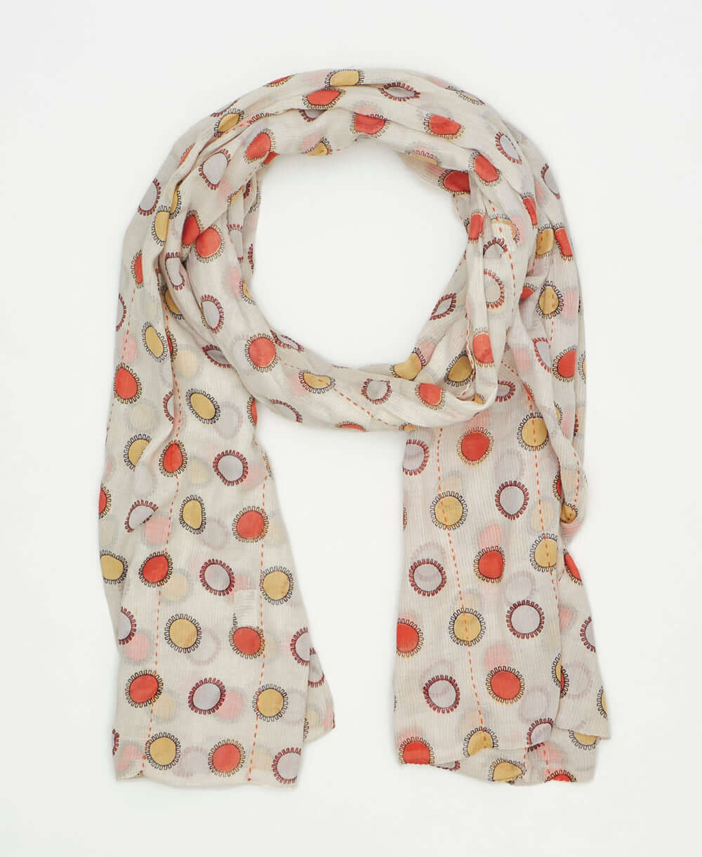 one-of-a-kind coral & white circle print vintage kantha long scarf perfect for all seasons