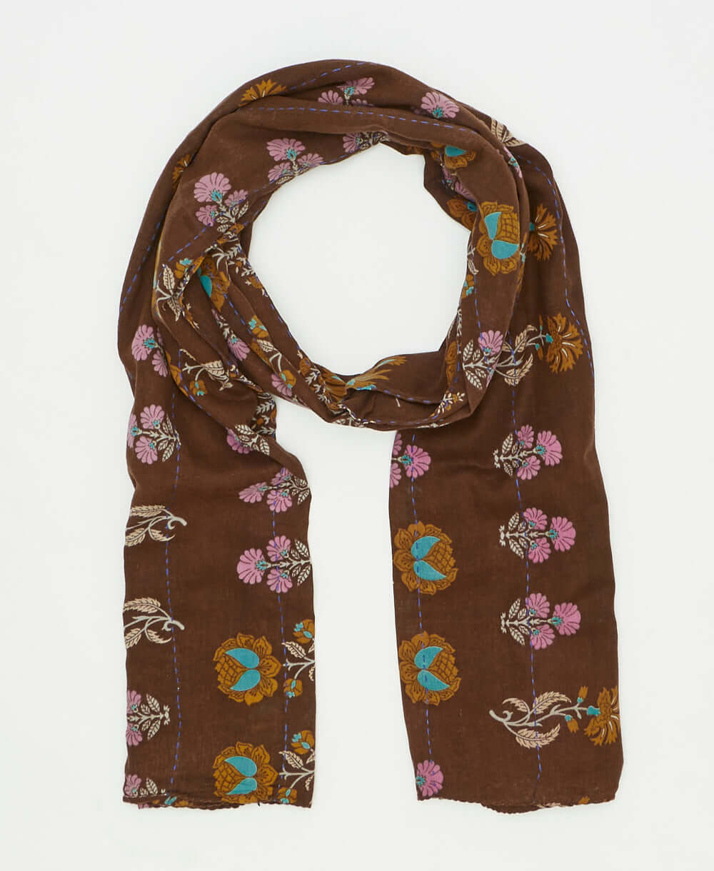 one-of-a-kind brown floral print vintage kantha long scarf perfect for all seasons