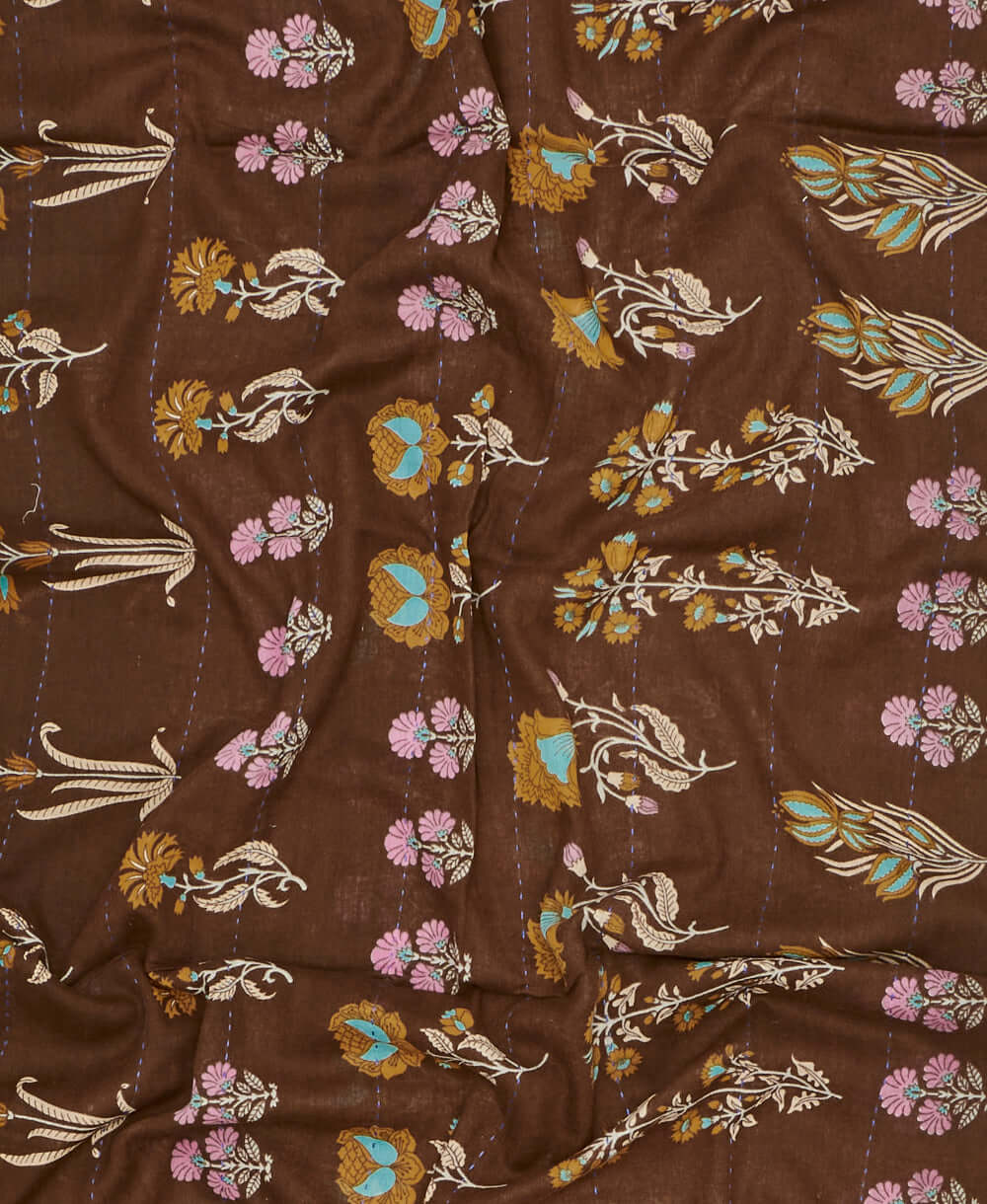 Handmade brown floral print vintage kantha oversized scarf