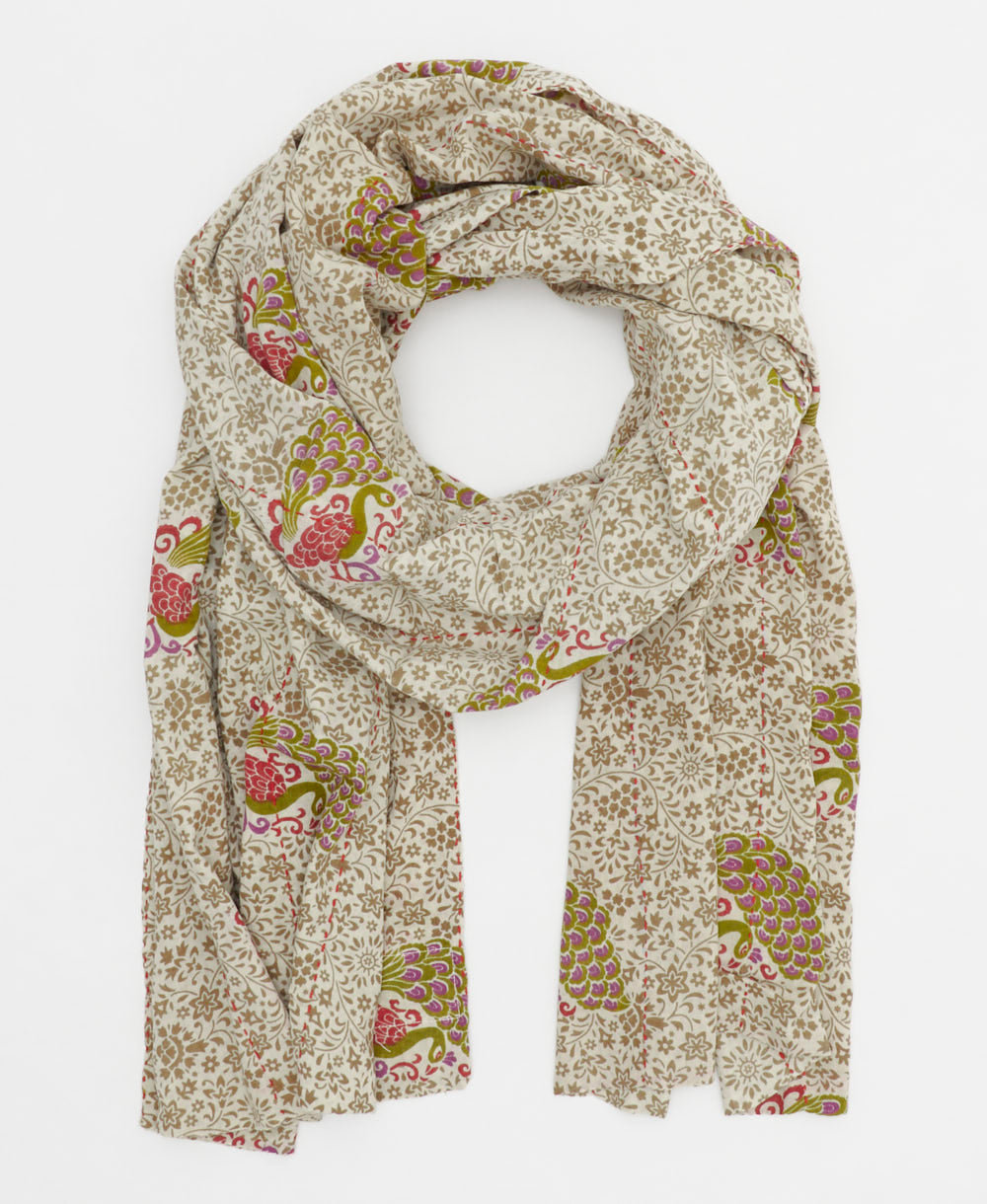 long cotton scarf with lime green and hot pink peacocks