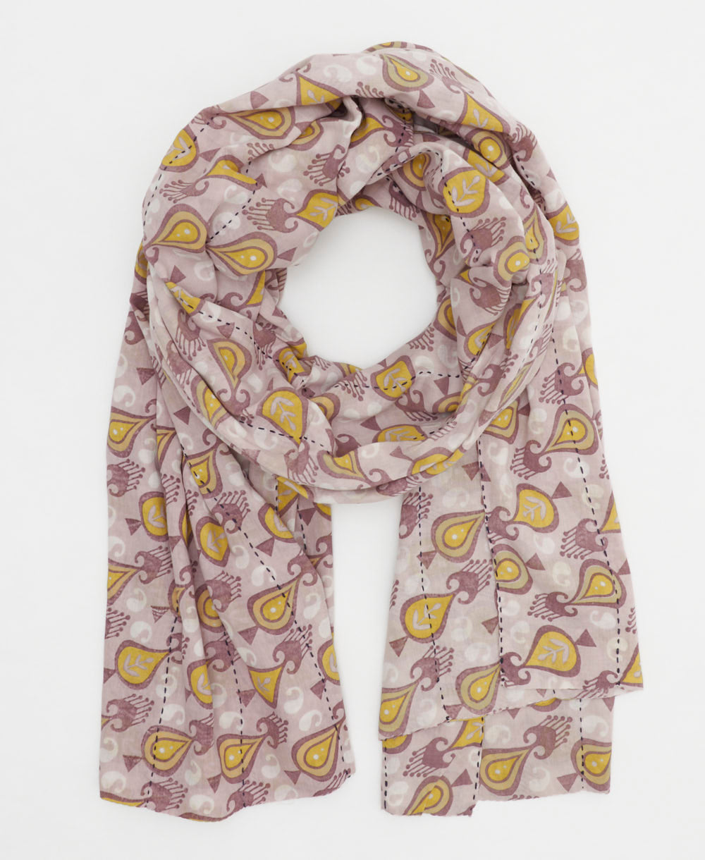 lightweight cotton scarf in mauve and sunshine yellow oversized teardrop print