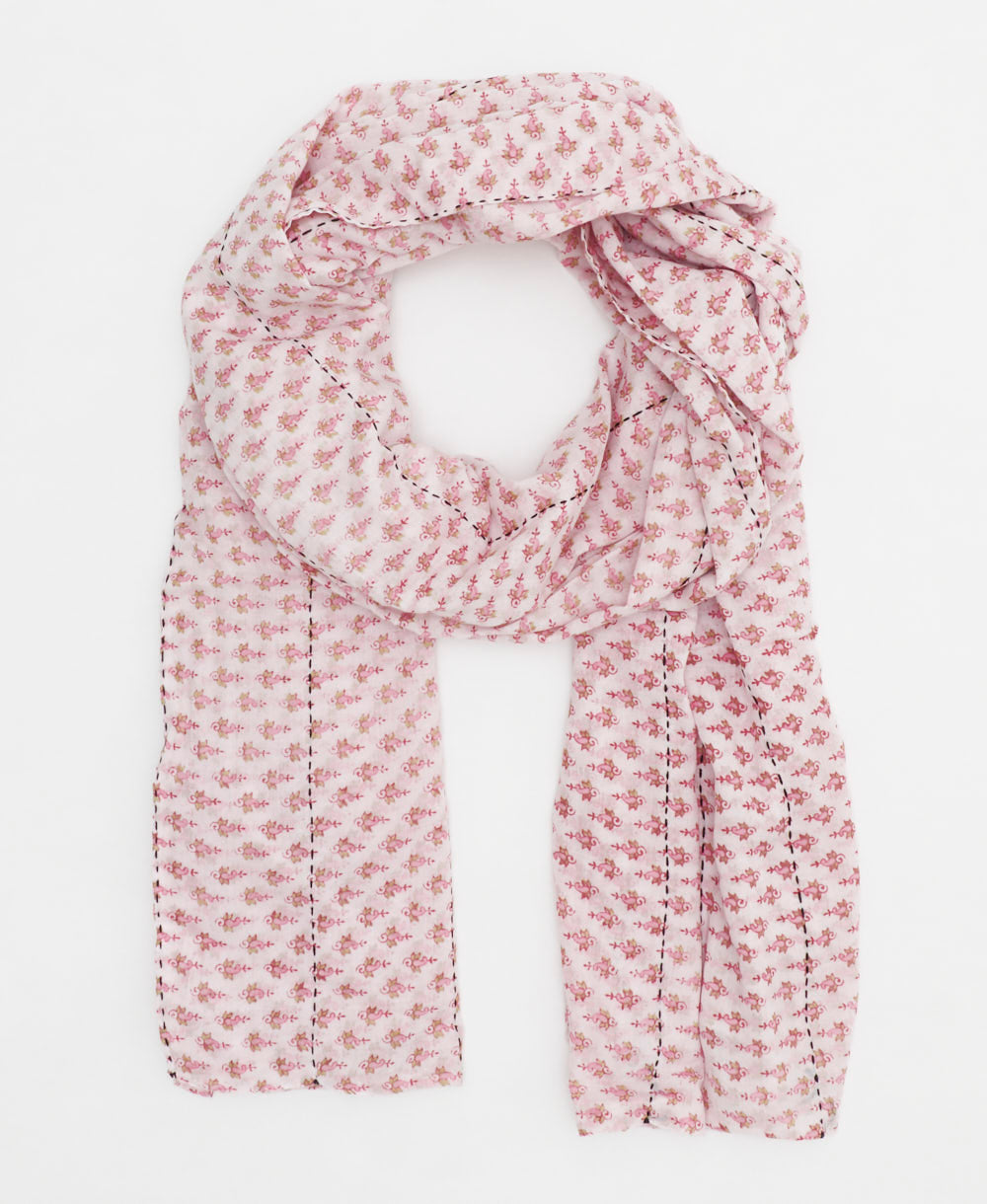 vintage cotton long scarf in white and bubblegum pink with a ditsy floral print