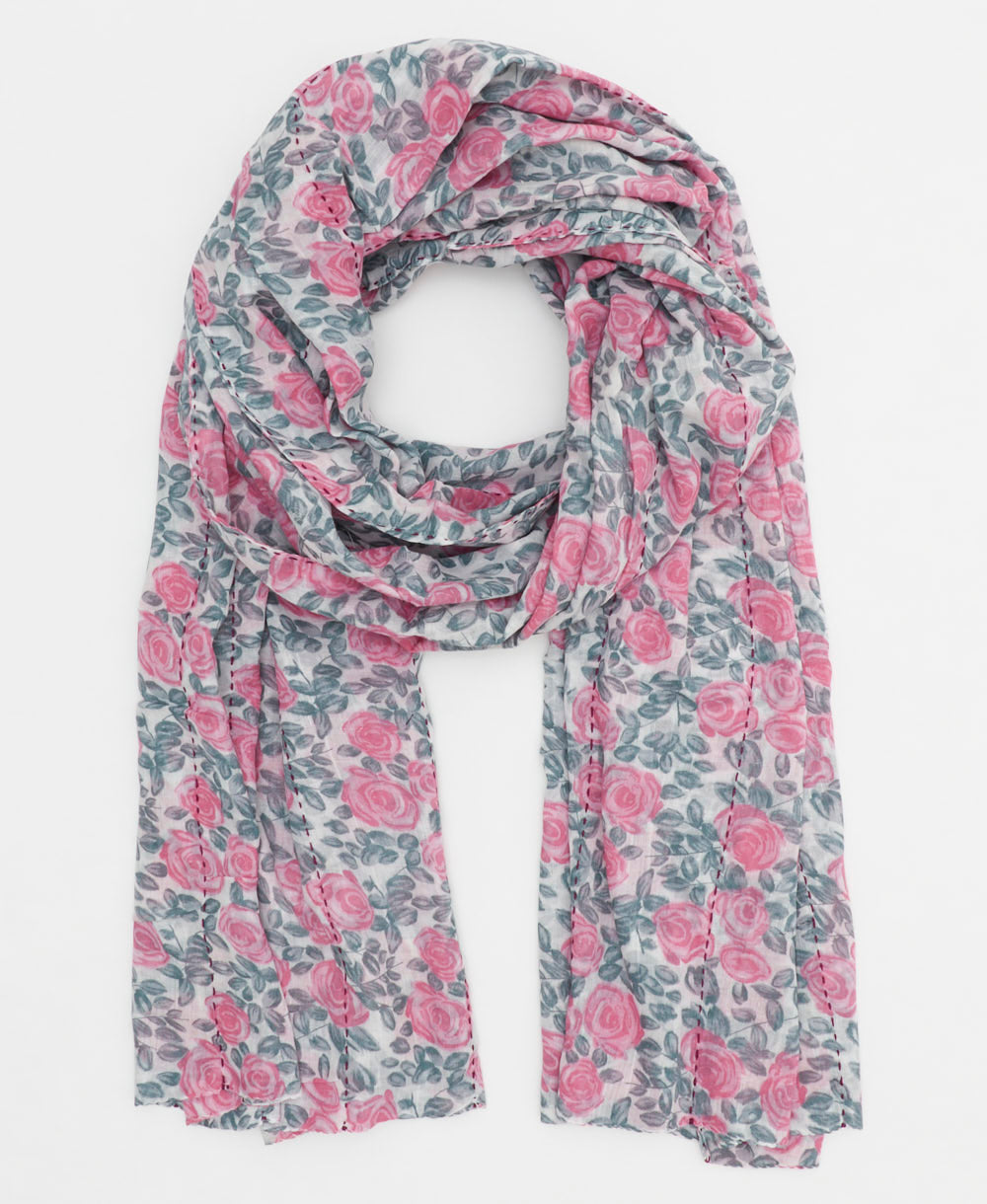 lightweight scarf made from upcycled vintage saris in a grey & pink rose print