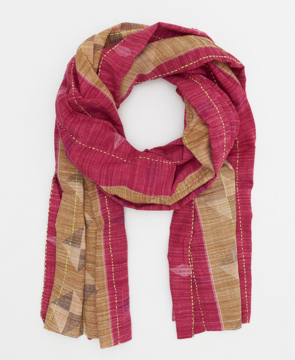 magenta and sandy beige geometric square patterned cotton scarf