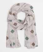 lightweight long scarf in natural white with subtle maroon chevron print and oversized emerald green florals