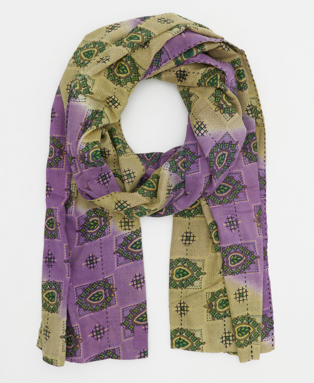 lightweight scarf made from upcycled vintage saris from India in a purple and light tan abstract print