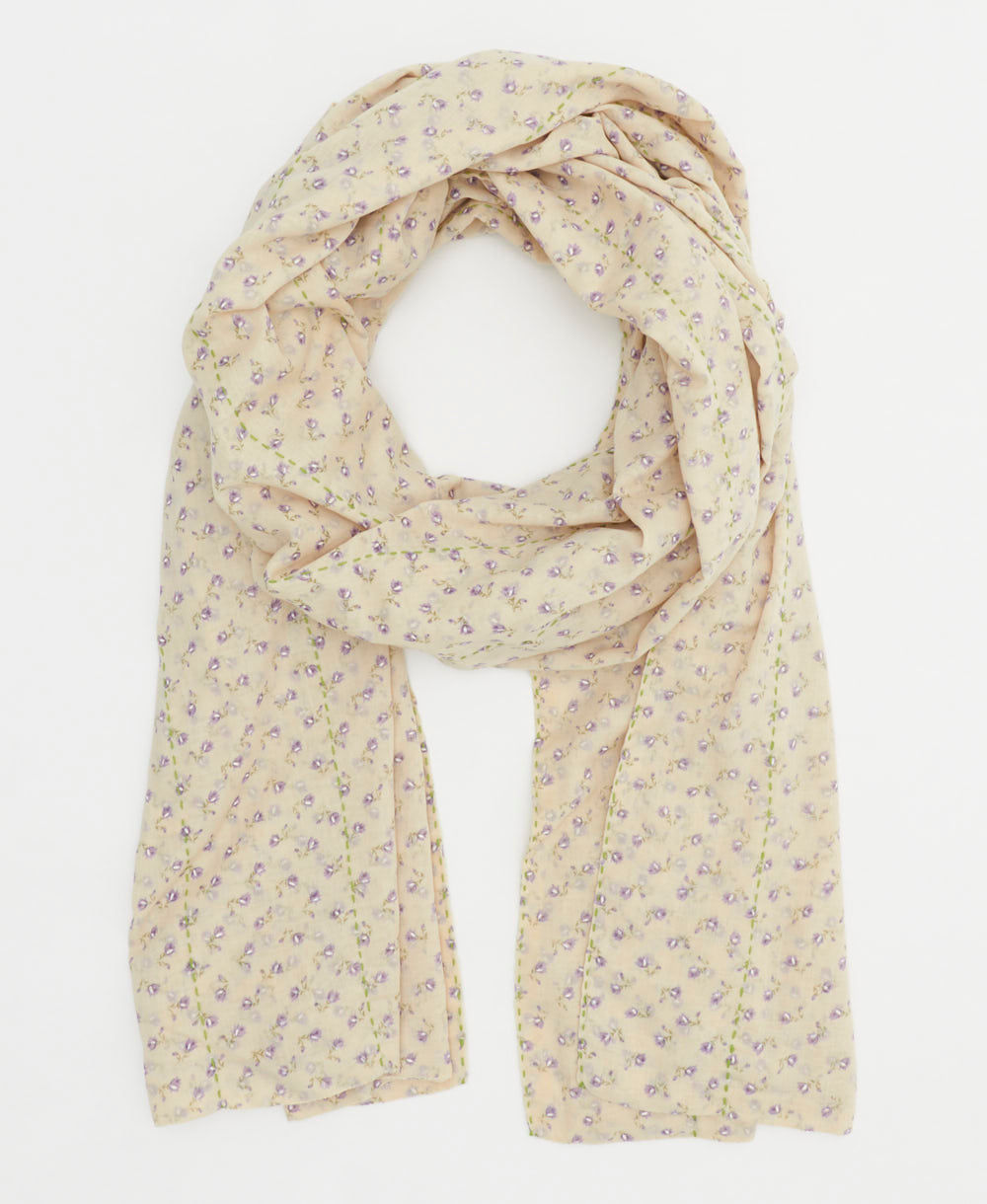 beautiful lightweight ivory cotton scarf with tiny lavender flowers