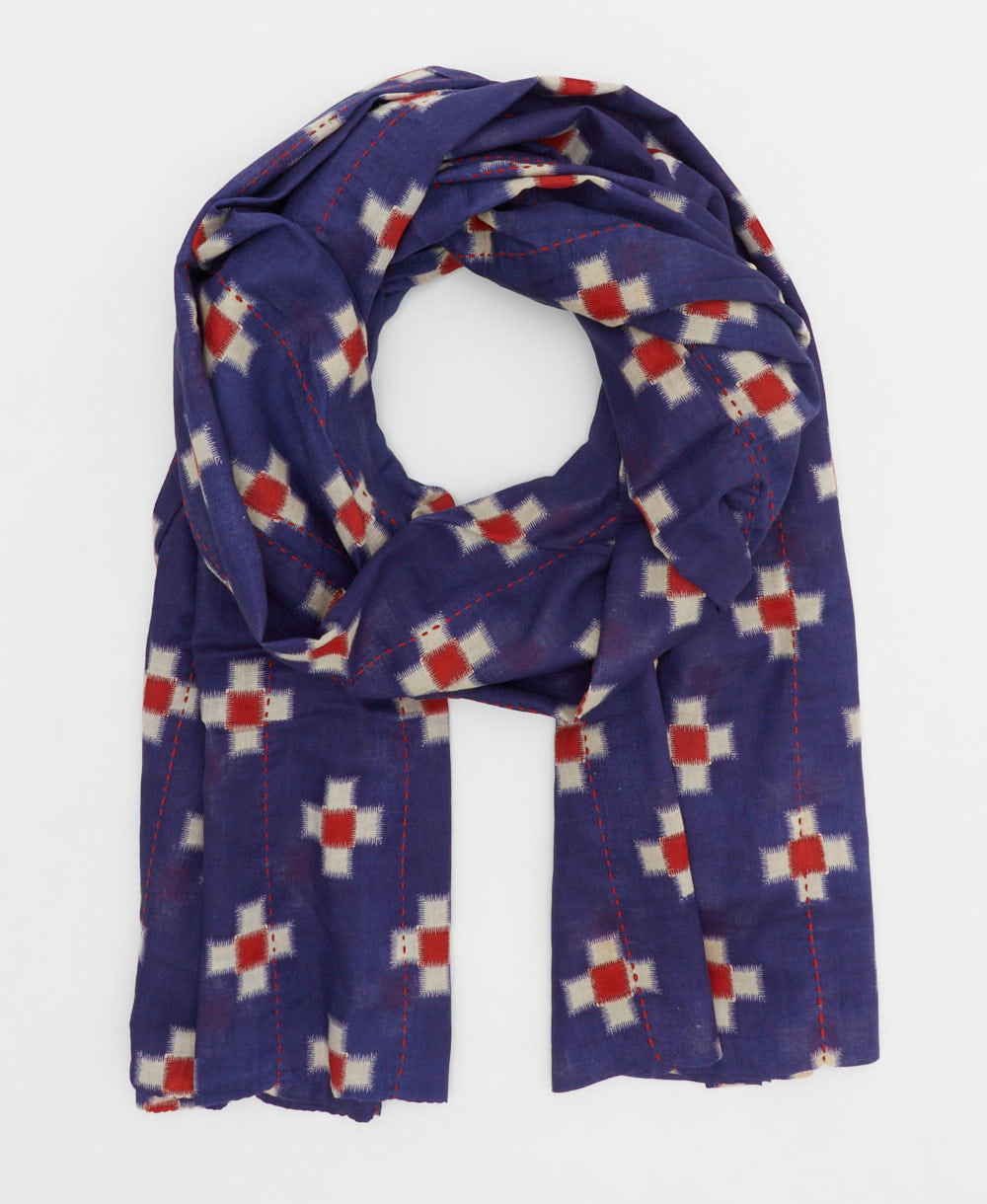 handcrafted cotton scarf in beautiful indigo blue and red plus sign pattern by Anchal