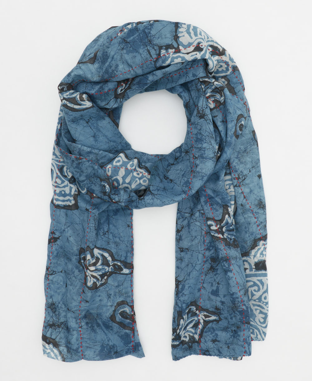 ocean blue cotton scarf in long silhouette with abstract pattern