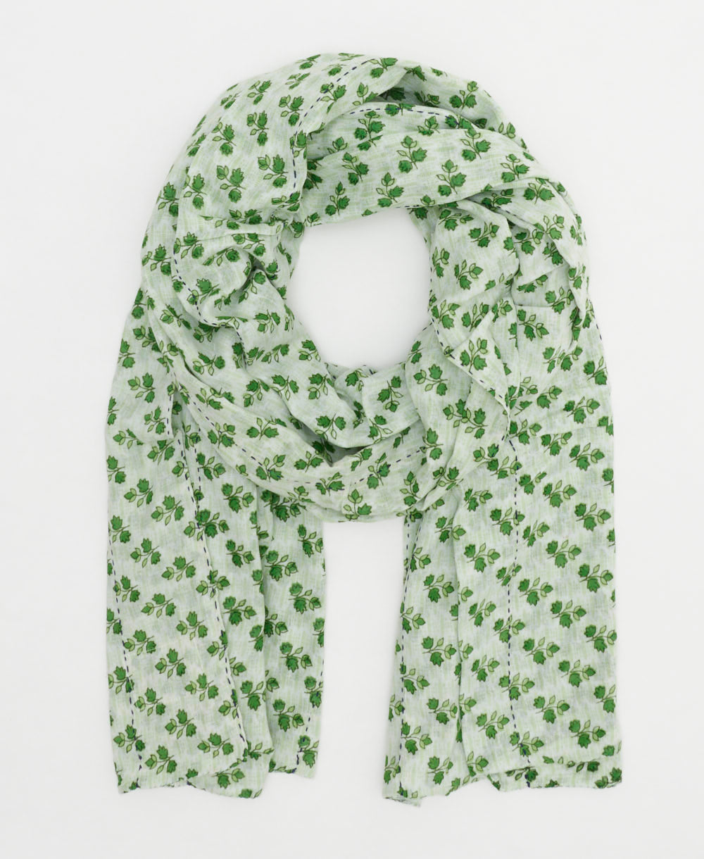 green & white lightweight cotton scarf featuring an ivy pattern