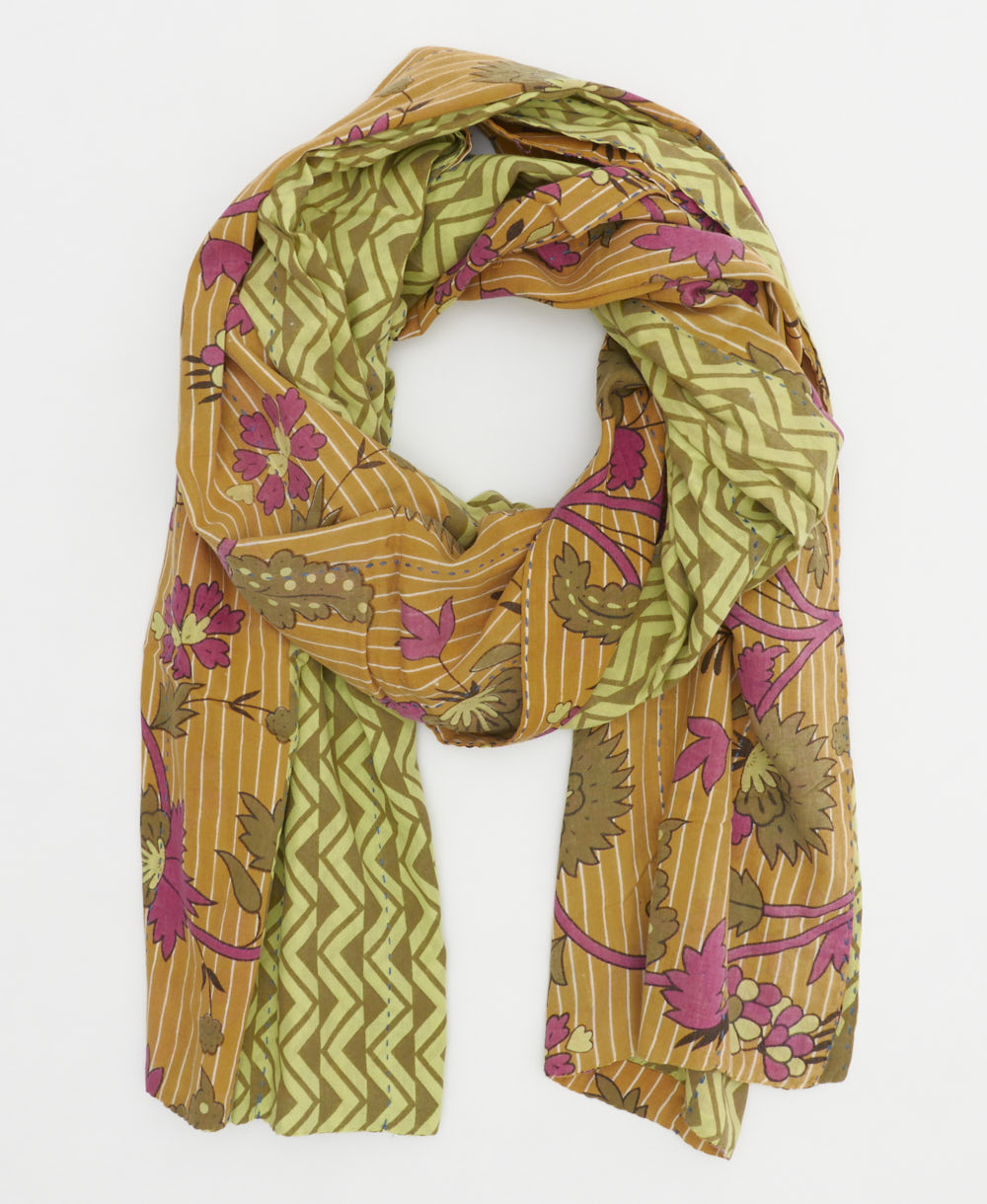 lightweight cotton scarf in two-tone green chevron & orange floral print