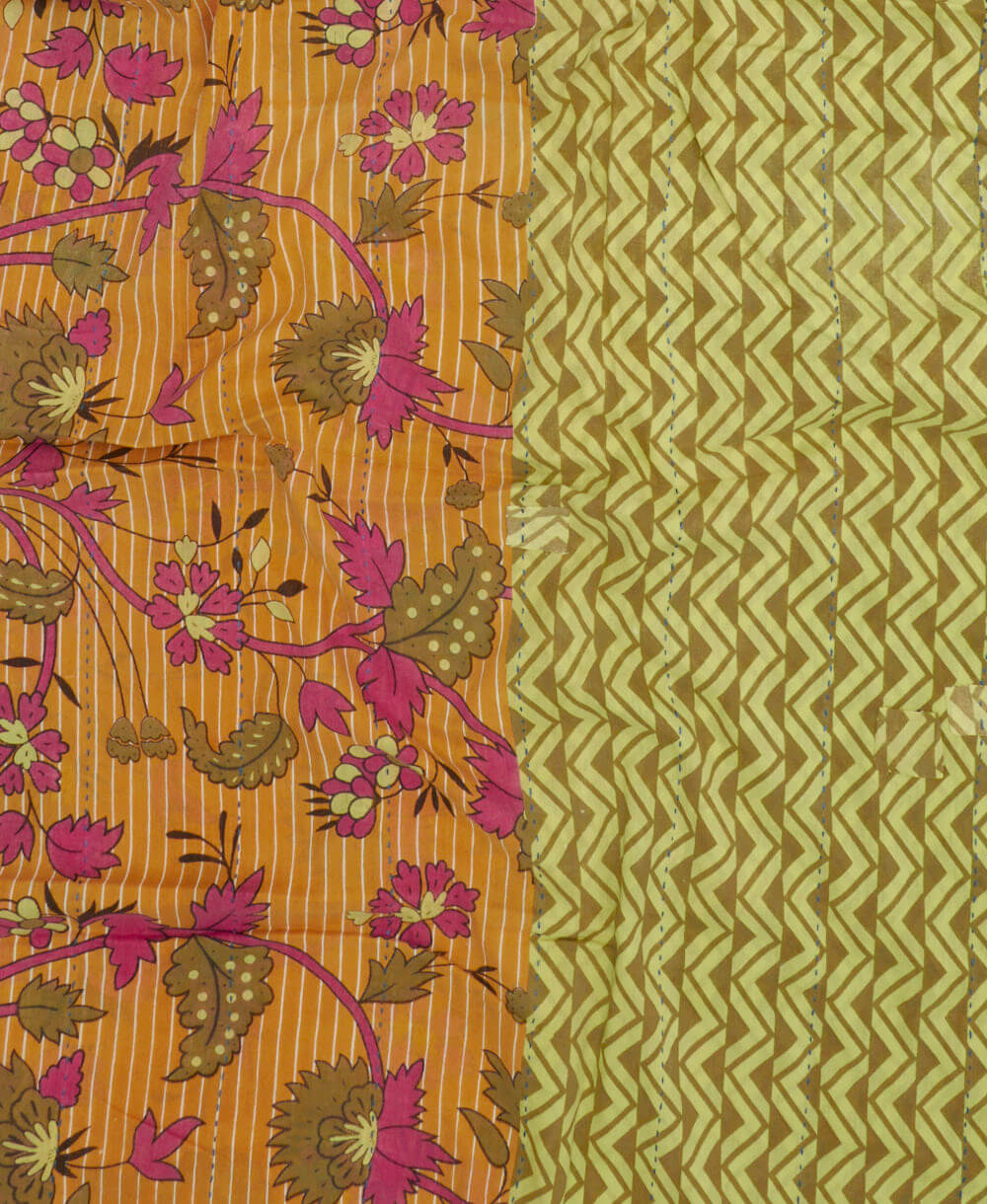 ethically made cotton scarf made from vintage fabrics in India in green chevron print & orange & hot pink floral