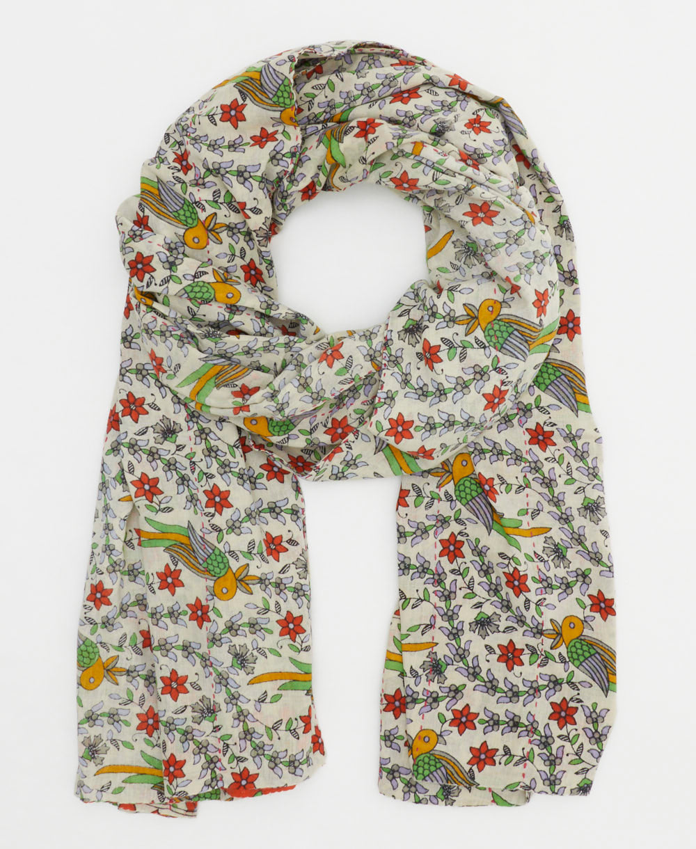 lightweight cotton scarf made from upcycled saris in a colorful graphic bird novelty print