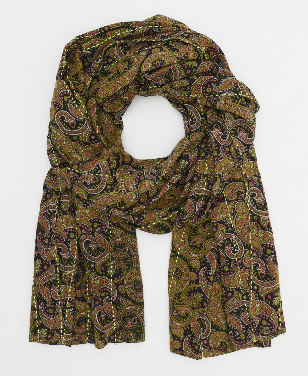 black lightweight scarf in olive green and terracotta paisley pattern