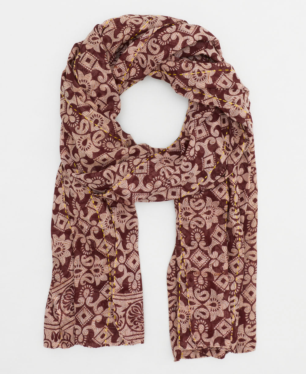 red-brown lightweight scarf with light tan medallion print handmade in India