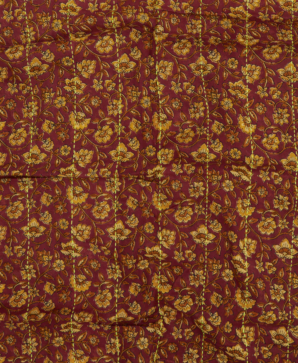 mustard yellow floral cotton scarf in maroon handmade in India by a team of all women artisans